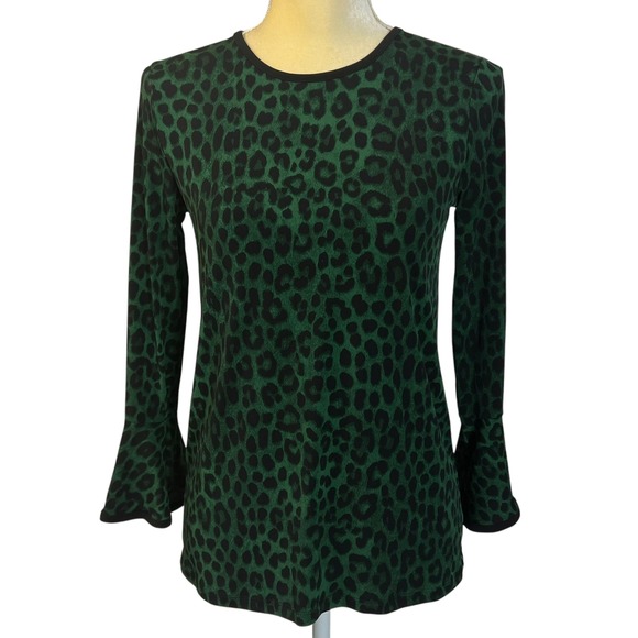 Michael Kors Women's Leopard‎ Print Bell Sleeve Top Green Black Size XS Stretch - Picture 1 of 12
